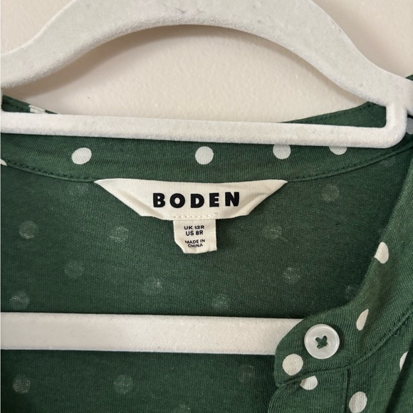 Boden Julia Short Sleeve Cotton Modal Dark Green Polka Dot Tie Waist Short Dress - Picture 7 of 8